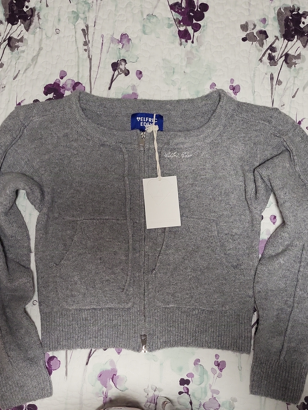 Aelfric Eden Off The Shoulder  Gray Zip-Up Knit Cardigan